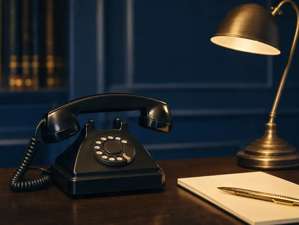 A black rotary telephone and notepad on a desk
