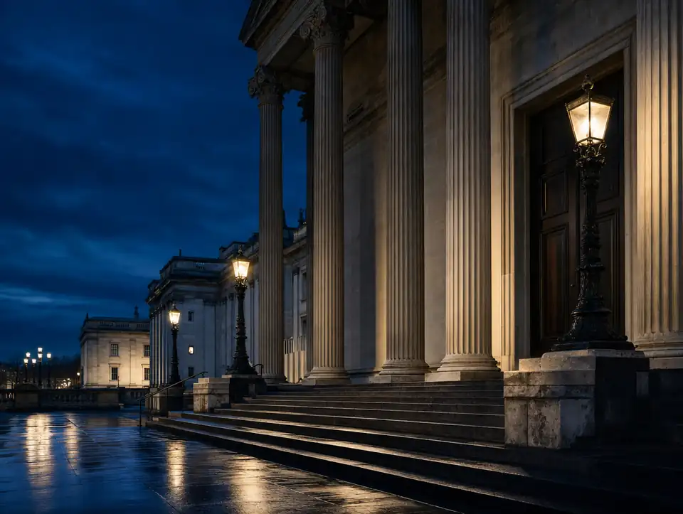 Stone steps and columns of a court building lit at dusk