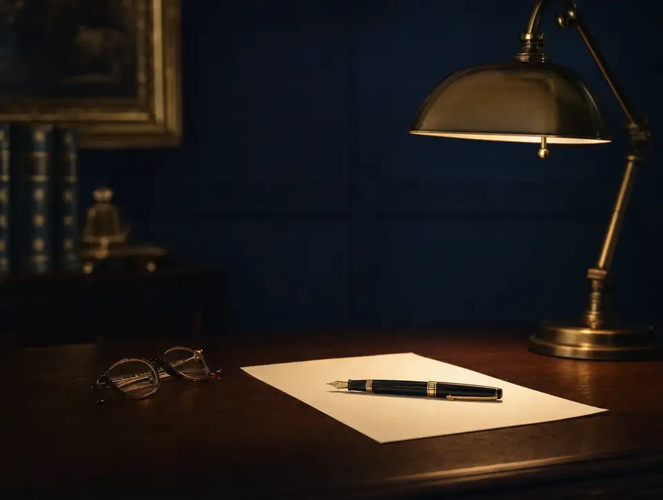 A single sheet of paper and a fountain pen under a desk lamp