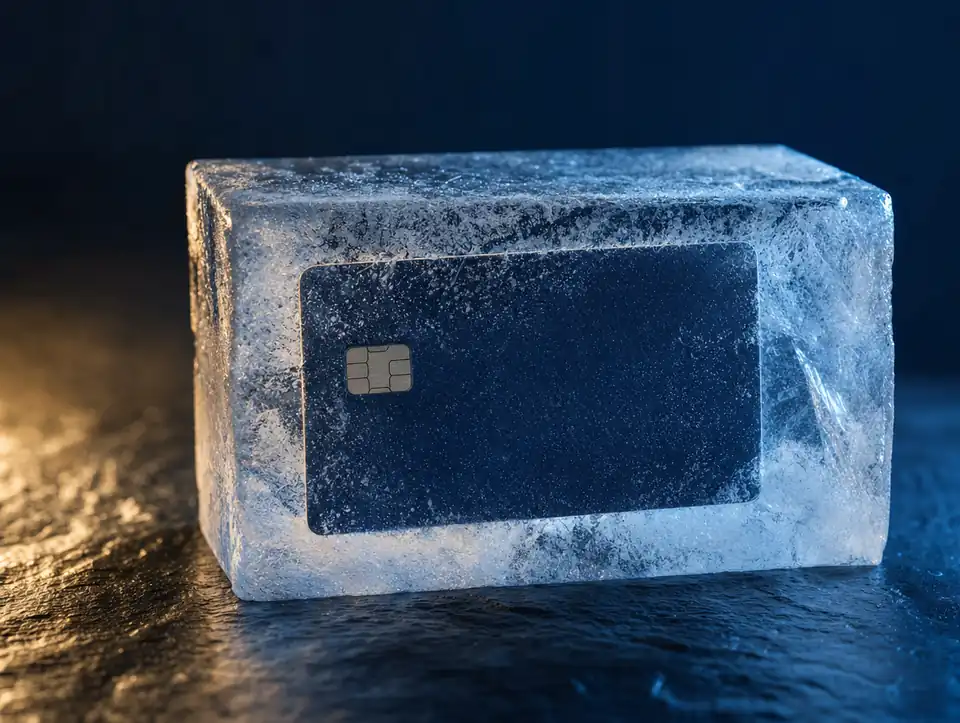 A bank card frozen inside a block of ice
