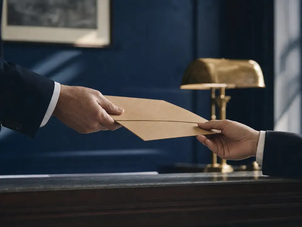 A brown envelope being handed across a desk