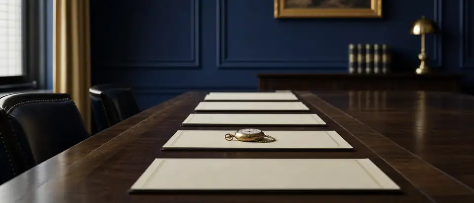 Empty boardroom table set with a row of blank documents